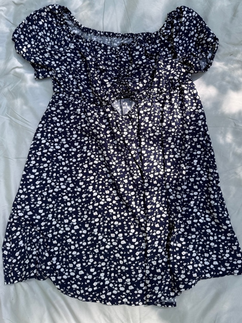 SHEIN Navy Blue Floral Puff-Sleeve Mini Dress